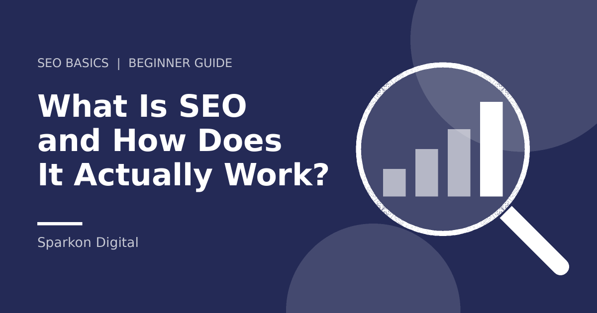 What is SEO and how does it work - illustration of a magnifying glass over a rising bar chart
